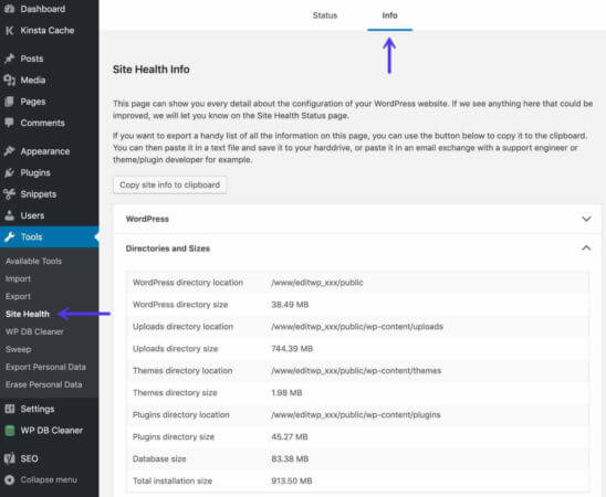 wordpress site health info