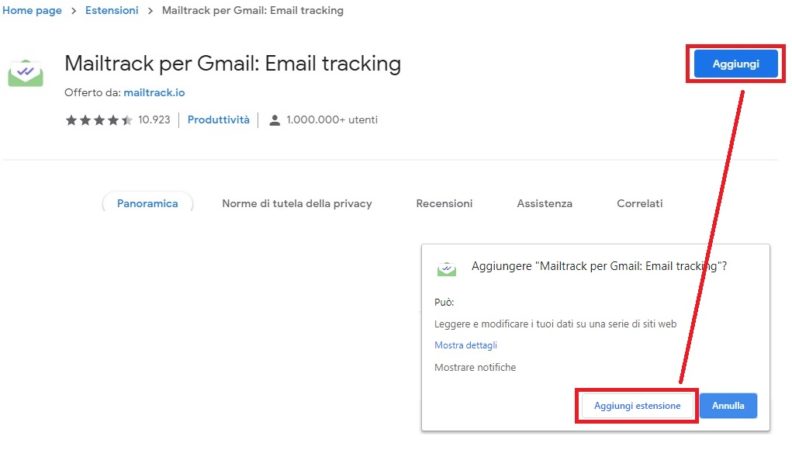 aggiungi estensione mailtrack