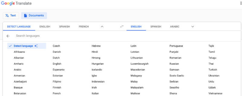 seleziona lingua in google translate