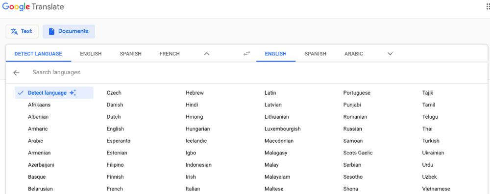 seleziona lingua in google translate