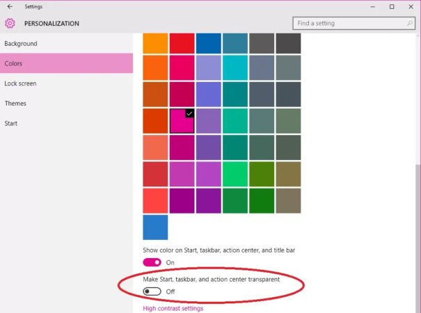 disattiva trasparenza menu start di windows 10