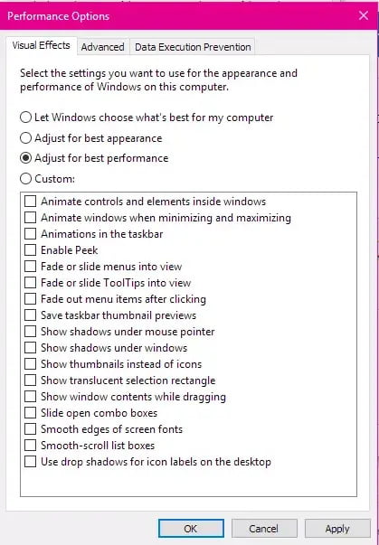 opzioni prestazioni windows 10