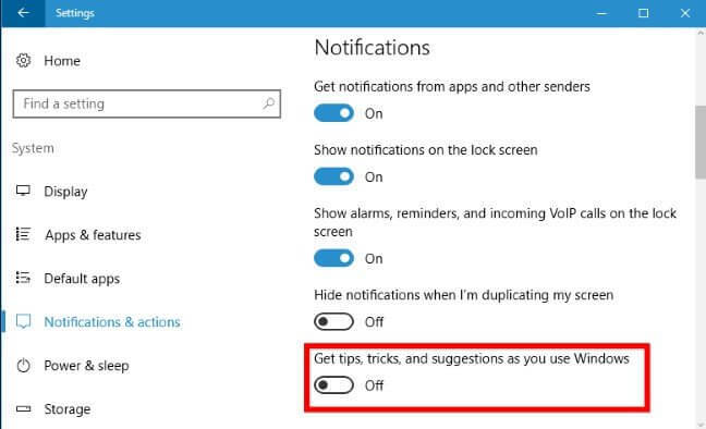 disattivazione notifiche e suggerimenti in windows 10