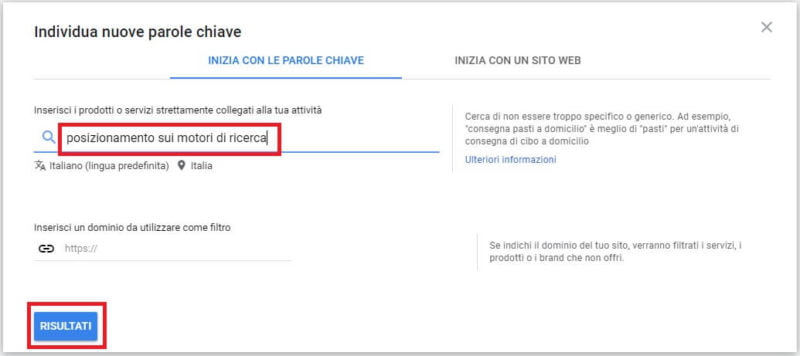 google ads - inserimento parola chiave