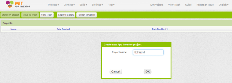 come creare un nuovo progetto com MIT App Inventor