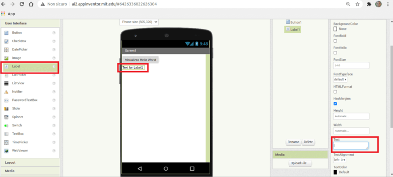 Come rilasciare componente label in MIT App Inventor, per creare un app