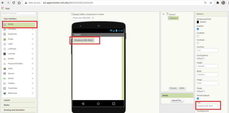 come impostare proprietà componenti Android in MIT App Inventor