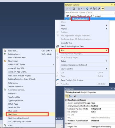 visual studio aggiungi web form