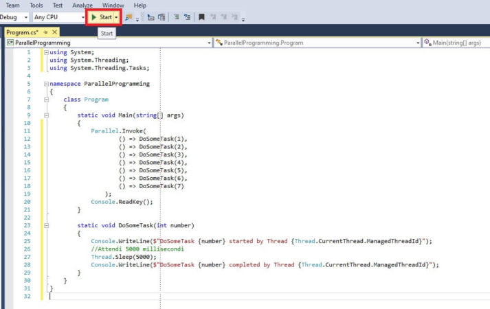 eseguire un'applicazione console con visual studio in c#