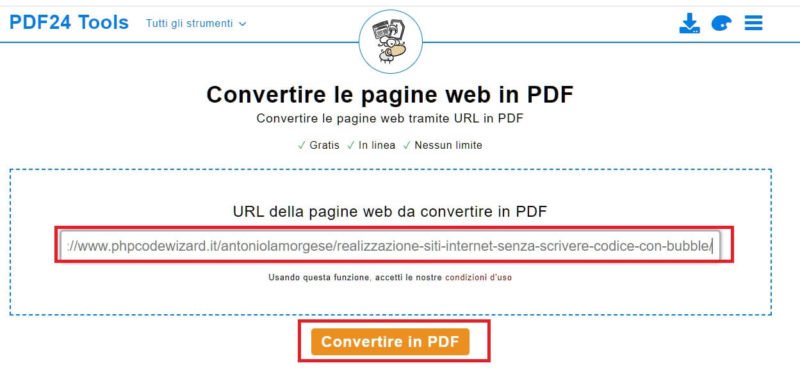 convertire pagine web in pdf