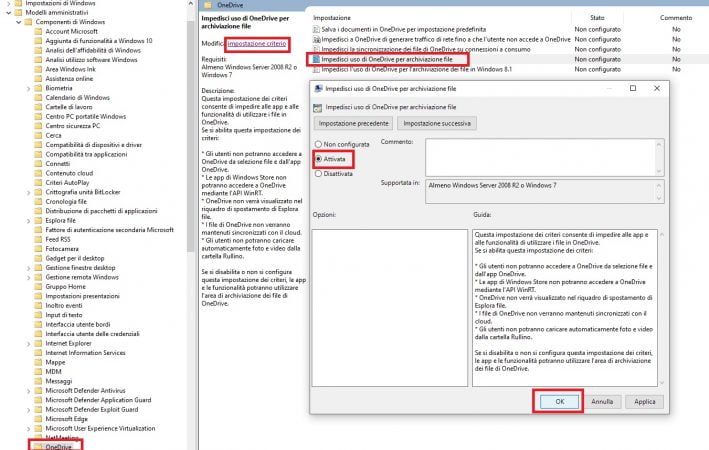 disattivazione onedrive con gpedit