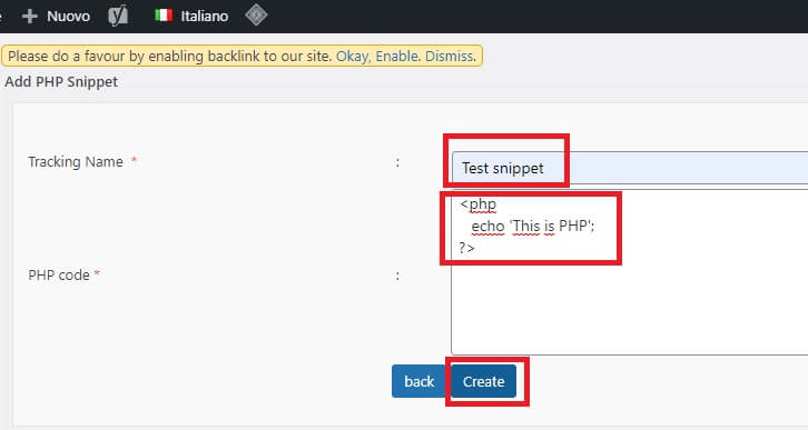 aggiungi nuovo snippet PHP