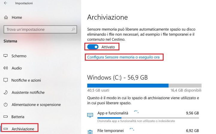 attivazione sensore di memoria di windows 10