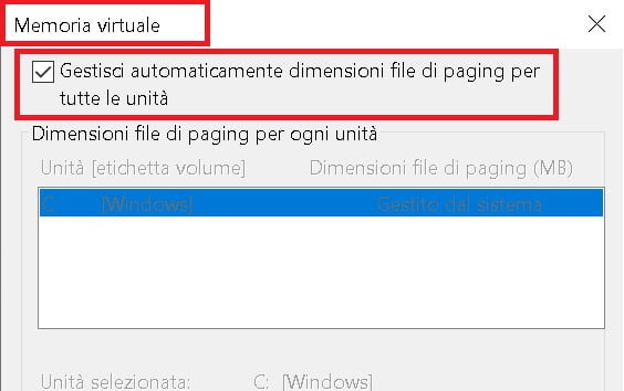 impostazione della memoria virtuale di windows 10