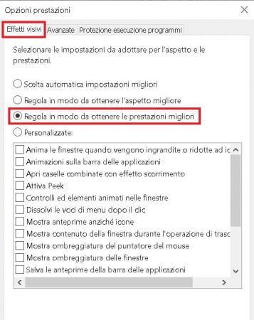 ottimizzare windows 10 regolandolo in modo da ottenere le prestazioni migliori