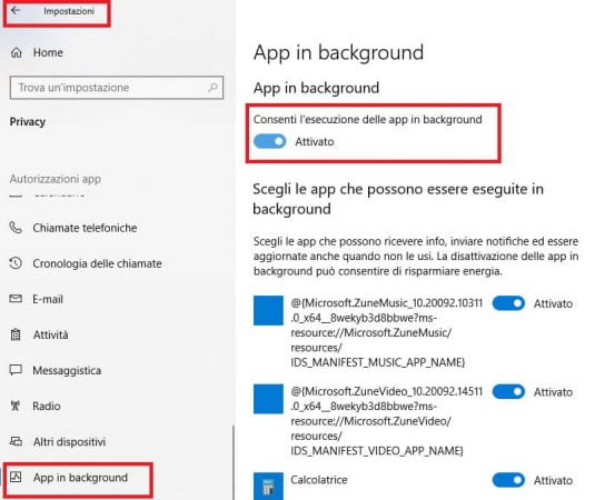 disattivazione app in background in windows 10