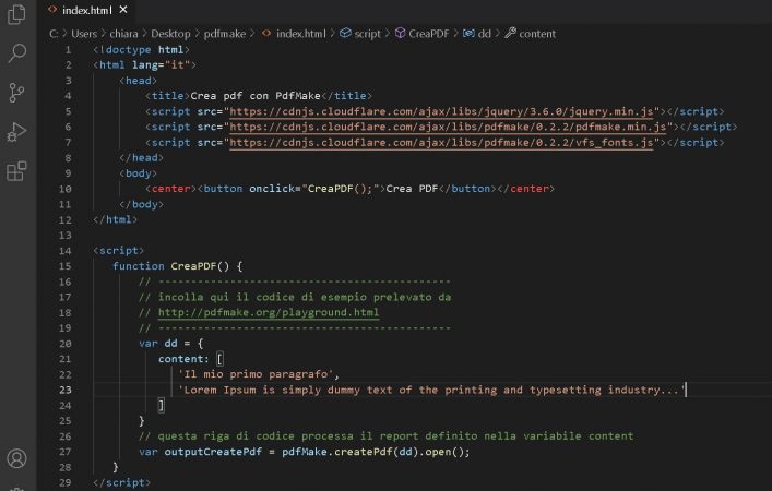 crea pdf con pdfmake e visual studio code