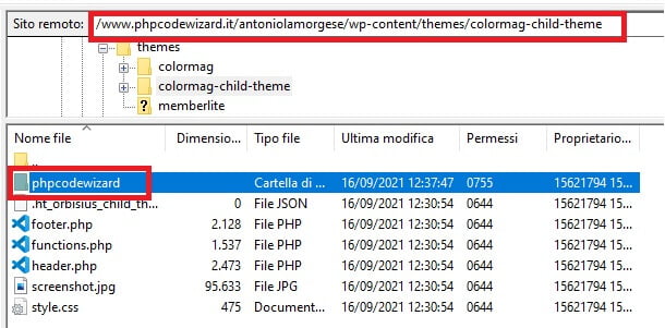 upload phpcodewizard nella directory del tema child