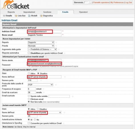 connessione di osticket al server di posta elettronica