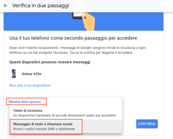 invio sms per autentica google authenticator