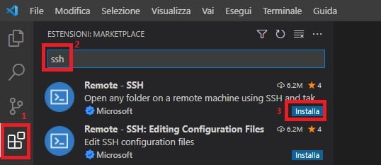 cerca e installa estensione remote ssh