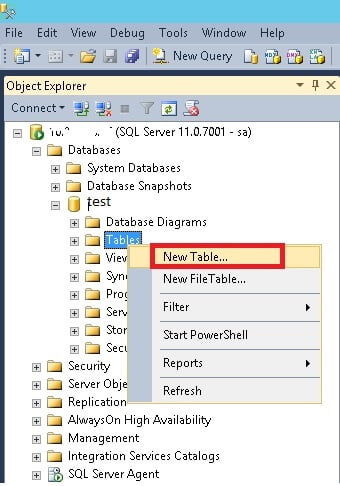 create new database table sql server
