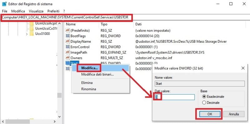 disattiva chiave di registro START