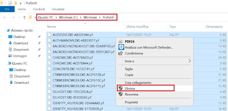 elimina il contenuto della cartella prefetch in windows 10