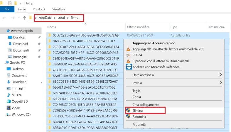 eliminare il contenuto della cartella temp