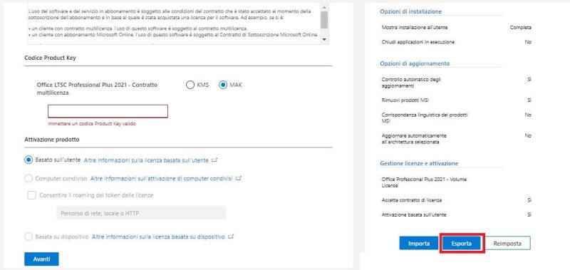 esporta file di configurazione per distribuzione office