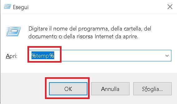 velocizzare windows 10 con il comando %temp%