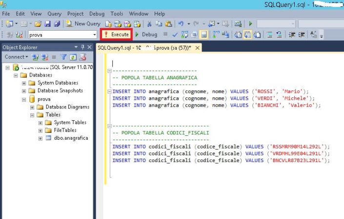 popola tabelle create per query sql server