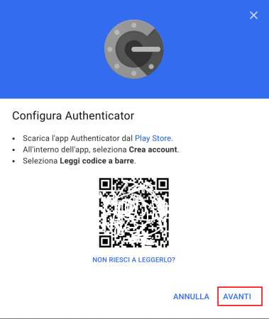 scansiona il qrcode su google authenticator