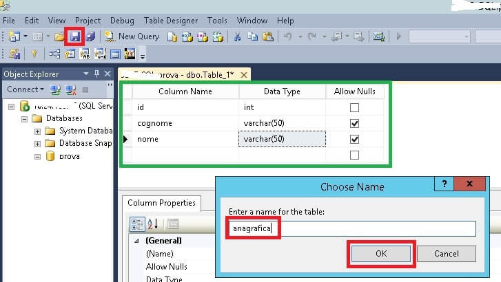 crea struttura tabella anagrafica per scrivere la prima query sql server