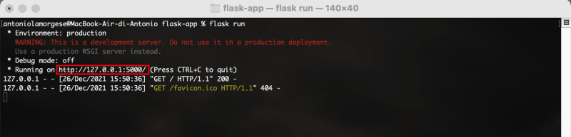 realizzare sito web - avvia server web Flask