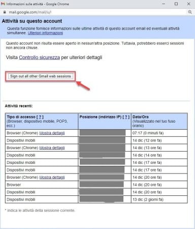 disconnettere tutte le sessioni di un account di gmail attivo