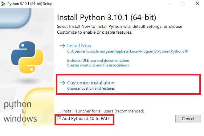 installazione personalizzata python