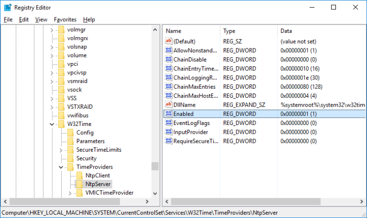 regedit enable ntp server