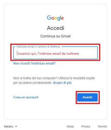 inserimento credenziali gmail