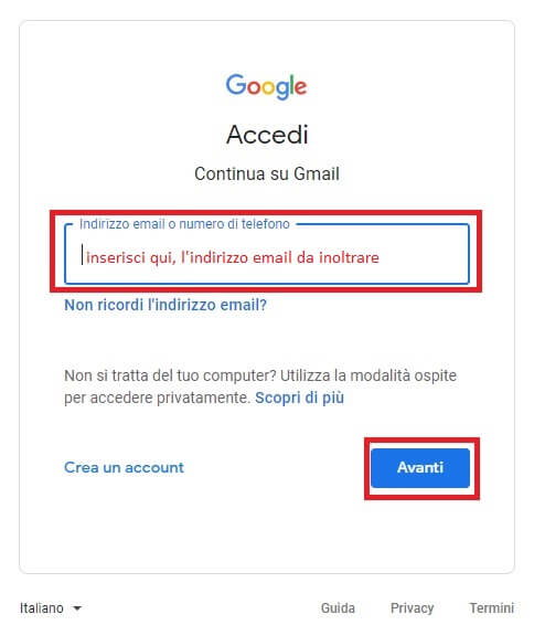 inserimento credenziali gmail