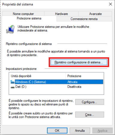 ripristino configurazione di sistema di windows 10