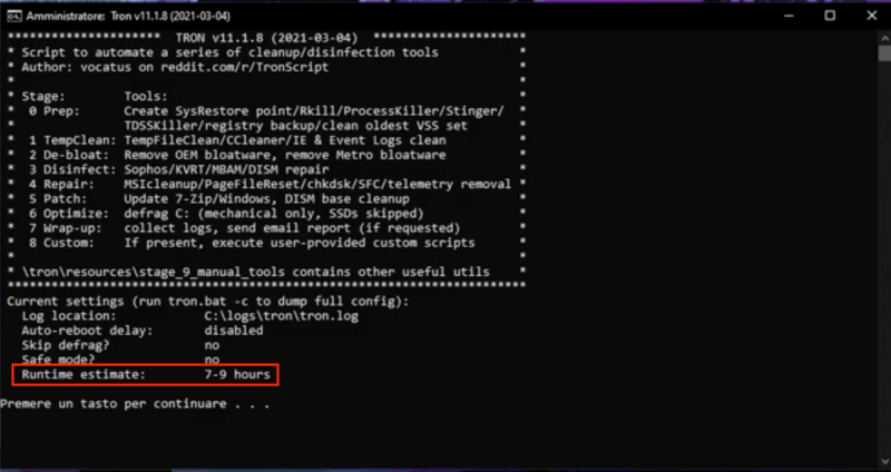 velocizzare windows 10 con tron - durata del processo di ripristino