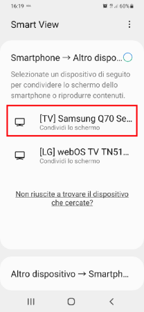 seleziona il tv samsung su cui condividere lo schermo