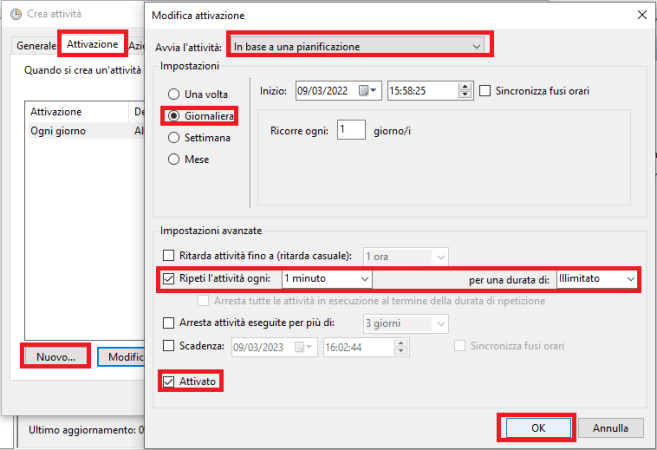 scheda attivazione dello scheduler