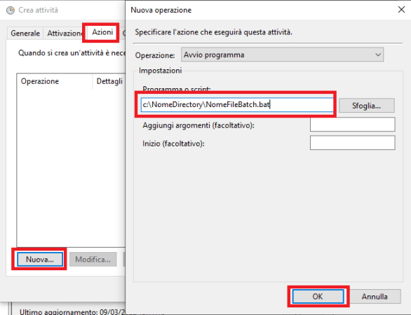 task scheduler scheda azioni