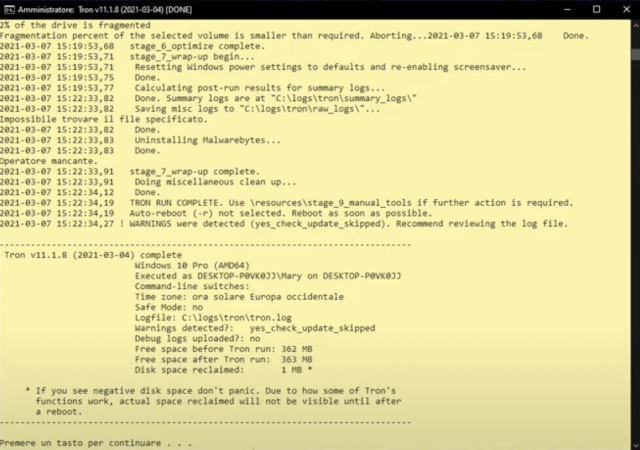 termine del processo di ripristino di tron.