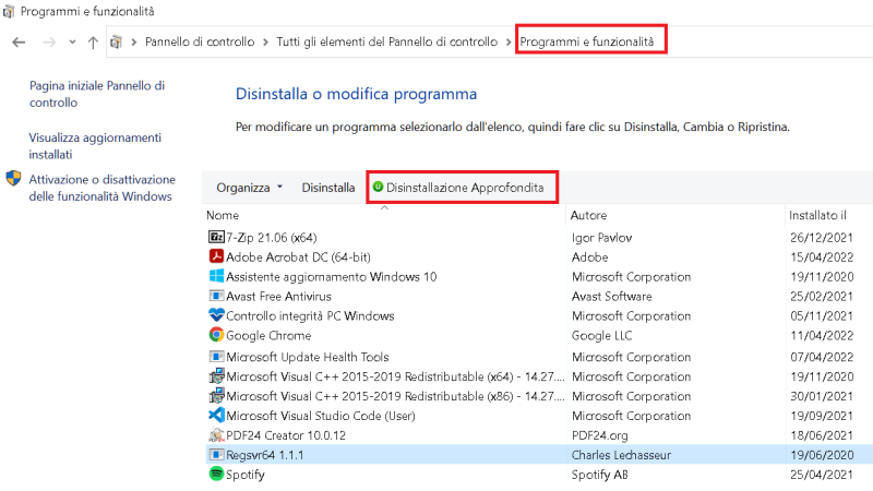 disinstallare un programma in Windows 10 da pannello di controllo