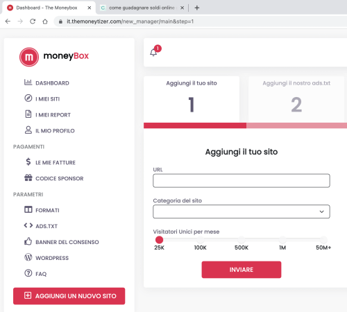 aggiunta di un nuovo sito web su TheMoneytizer