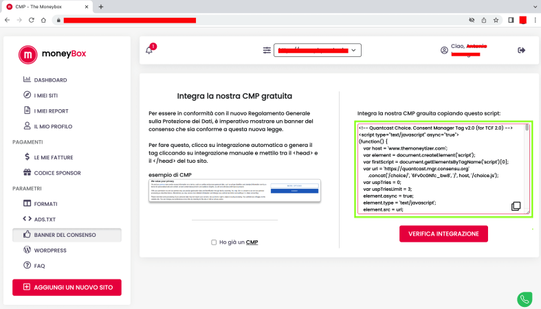 Integrazione del banner per il consenso al trattamento dei dati personali