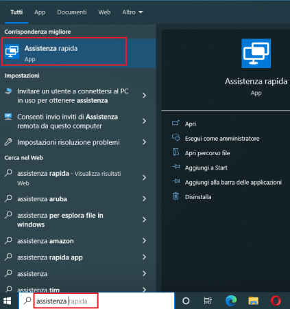 richiamare app per assistenza su windows 10